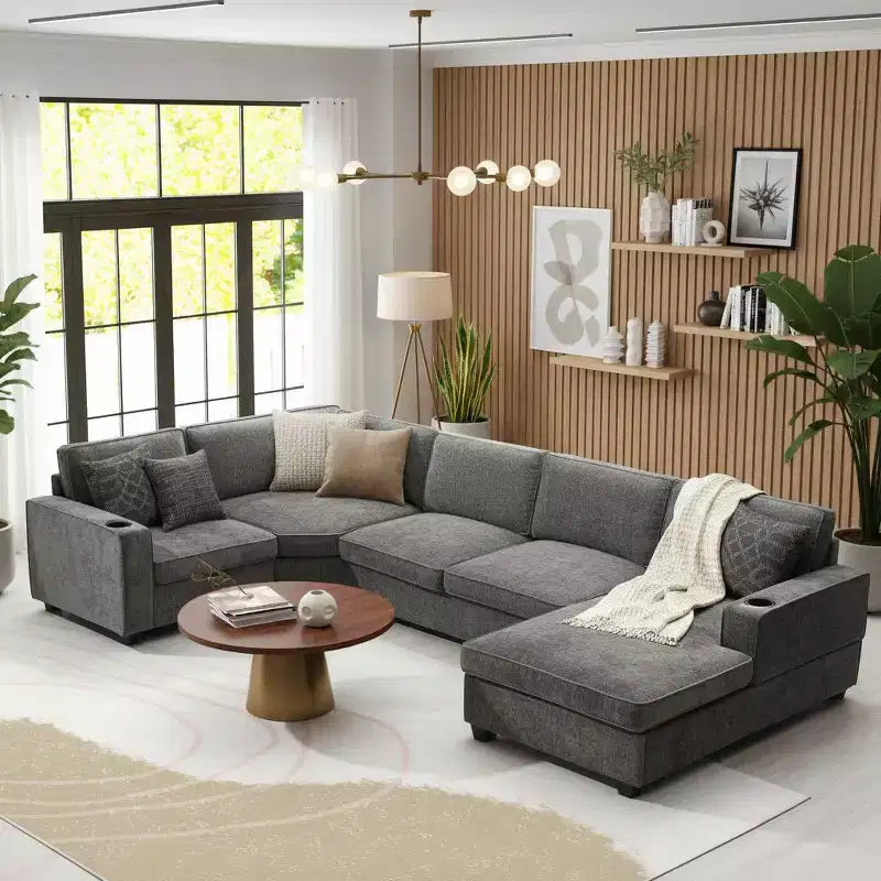 Polibi 6-Seat U-Shaped Chenille Sectional Sofa with Oversized Chaise