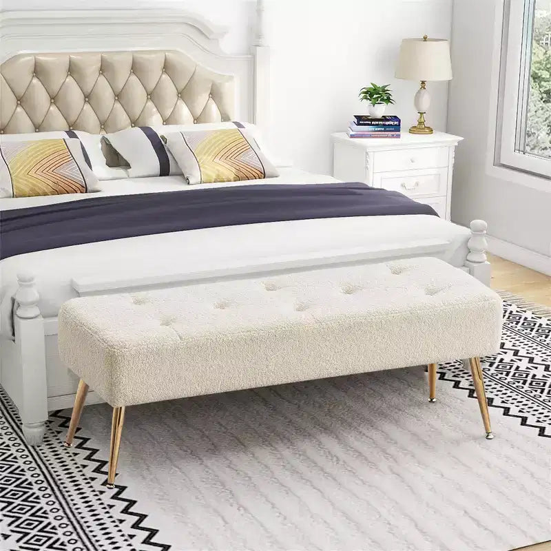 Furniliving Tufted Faux Shearling Upholstered Bench with Button Tufting & Metal Legs for Bedroom/Entryway/Hallway