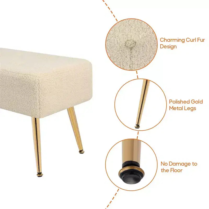 Furniliving Tufted Faux Shearling Upholstered Bench with Button Tufting & Metal Legs for Bedroom/Entryway/Hallway