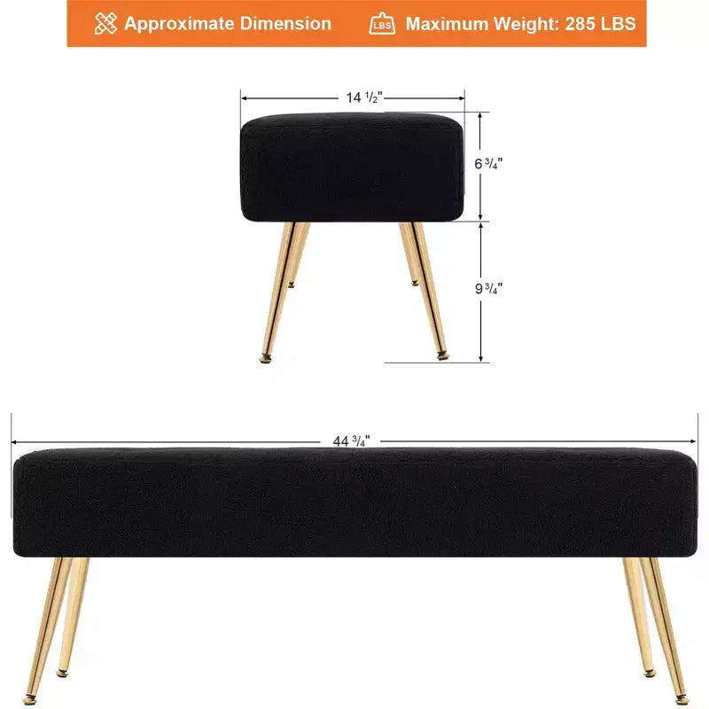 Furniliving Tufted Faux Shearling Upholstered Bench with Button Tufting & Metal Legs for Bedroom/Entryway/Hallway