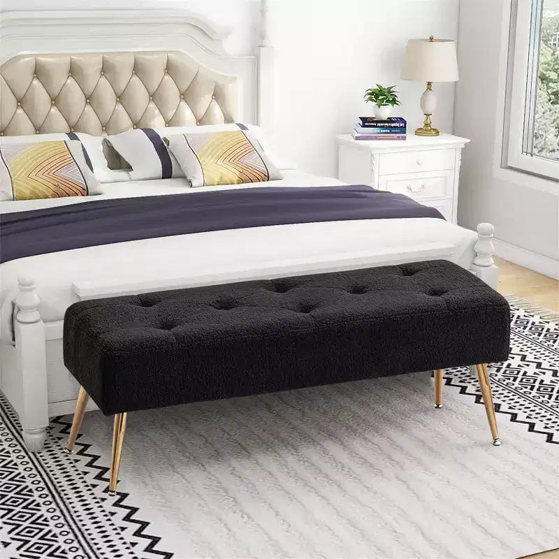 Furniliving Tufted Faux Shearling Upholstered Bench with Button Tufting & Metal Legs for Bedroom/Entryway/Hallway