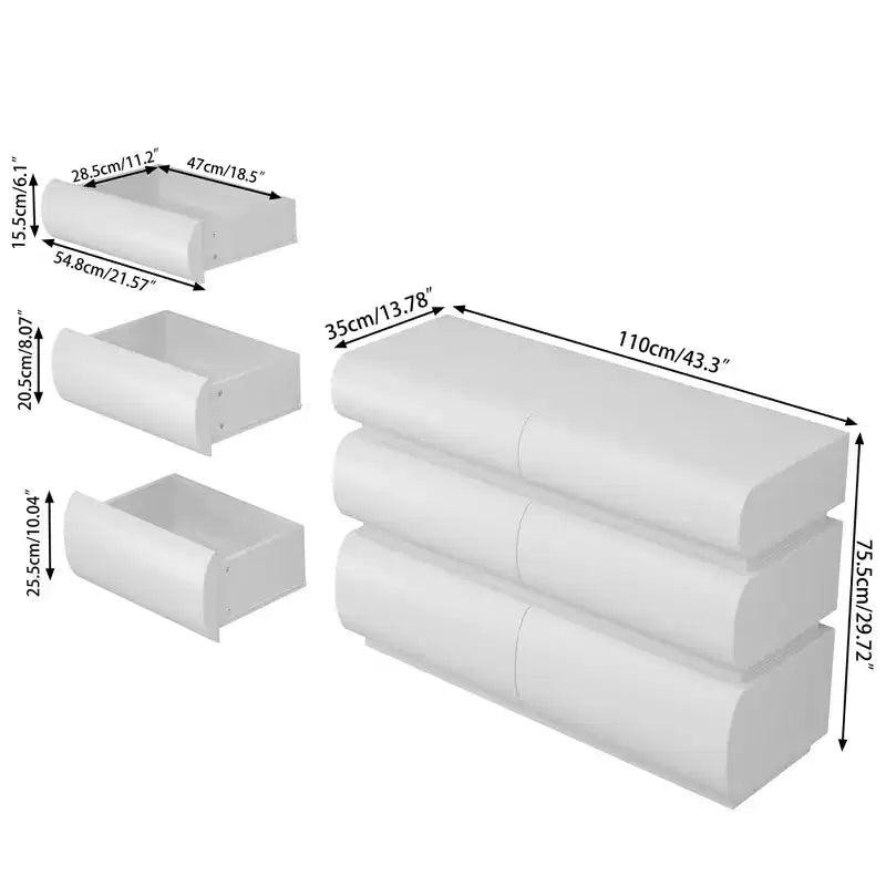 JVNOXK 43-inch 6-Drawer Bedroom Dresser, Handle-Free, Modern Style, Ample Storage Space, Suitable for Bedrooms and Living Rooms, White
