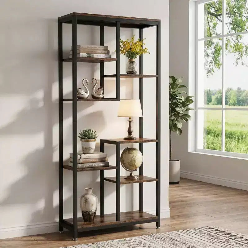 MAYEERTY 8-Tier Staggered Industrial Bookshelf, Vintage Wood Grain & Black Metal Frame Bookcase