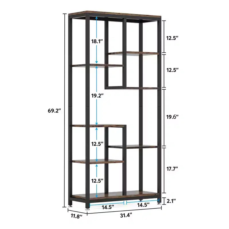 MAYEERTY 8-Tier Staggered Industrial Bookshelf, Vintage Wood Grain & Black Metal Frame Bookcase