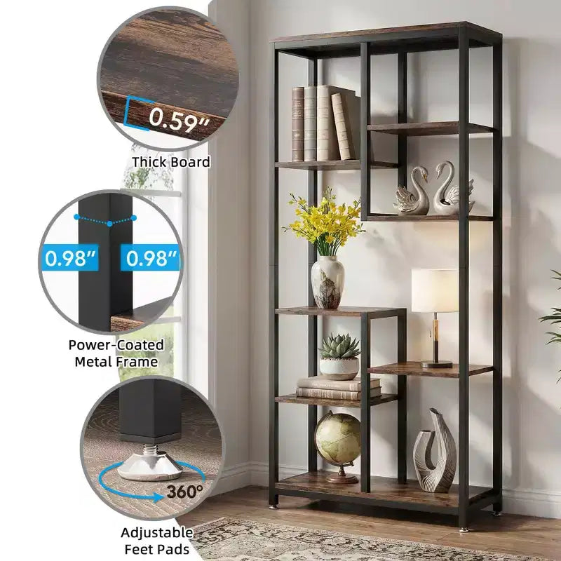 MAYEERTY 8-Tier Staggered Industrial Bookshelf, Vintage Wood Grain & Black Metal Frame Bookcase