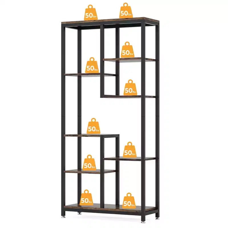 MAYEERTY 8-Tier Staggered Industrial Bookshelf, Vintage Wood Grain & Black Metal Frame Bookcase
