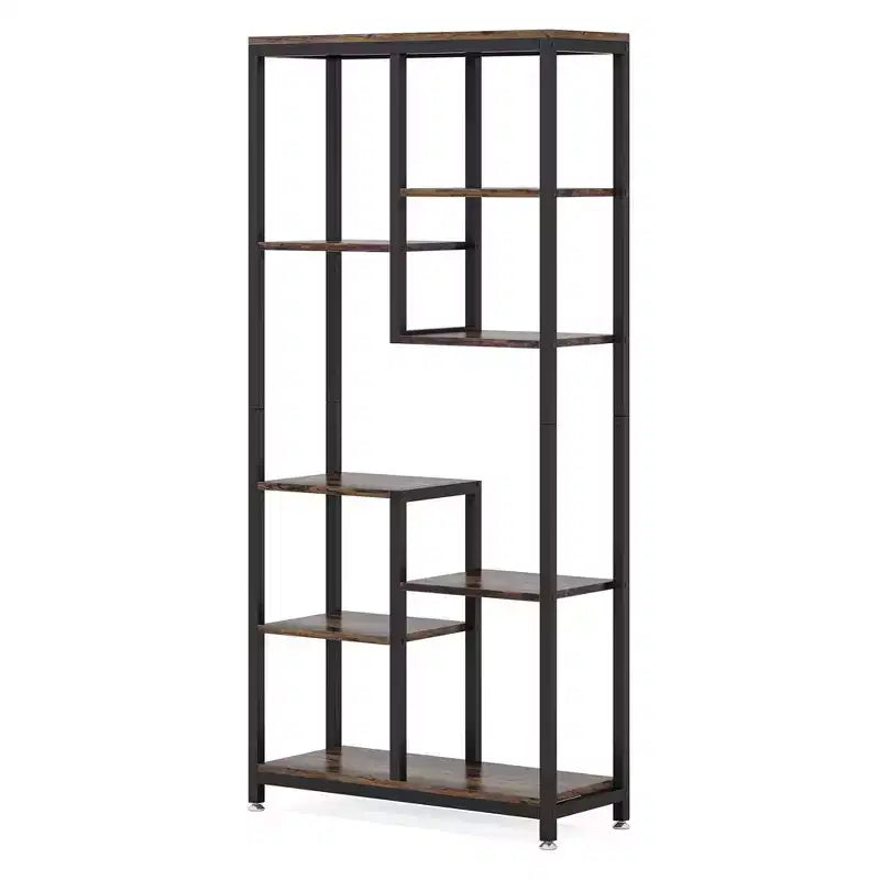 MAYEERTY 8-Tier Staggered Industrial Bookshelf, Vintage Wood Grain & Black Metal Frame Bookcase
