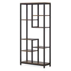 MAYEERTY 8-Tier Staggered Industrial Bookshelf, Vintage Wood Grain & Black Metal Frame Bookcase