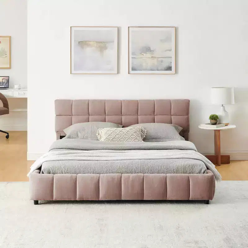 MAYEERTY Queen Size Upholstered Bed with Headboard Chenille Fabric Solid Bed Frame Drawer for Bedroom Pink