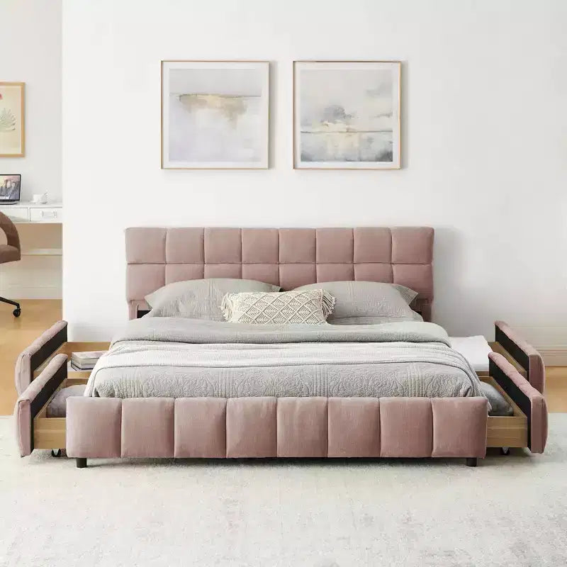 MAYEERTY Queen Size Upholstered Bed with Headboard Chenille Fabric Solid Bed Frame Drawer for Bedroom Pink