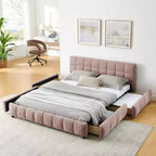 MAYEERTY Queen Size Upholstered Bed with Headboard Chenille Fabric Solid Bed Frame Drawer for Bedroom Pink