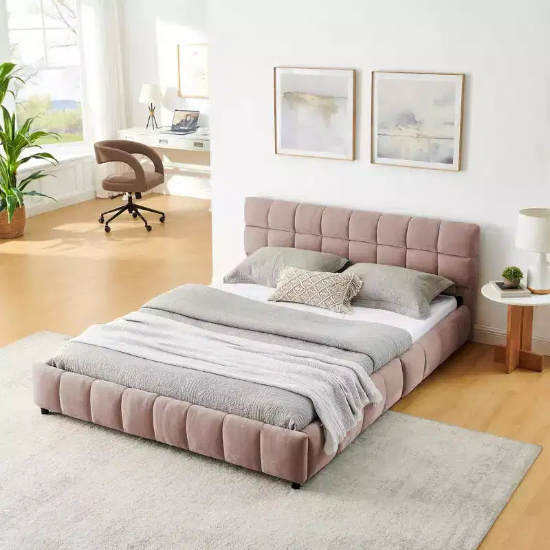 MAYEERTY Queen Size Upholstered Bed with Headboard Chenille Fabric Solid Bed Frame Drawer for Bedroom Pink