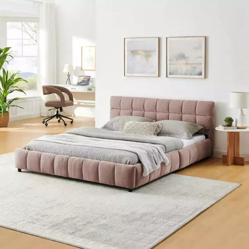 MAYEERTY Queen Size Upholstered Bed with Headboard Chenille Fabric Solid Bed Frame Drawer for Bedroom Pink