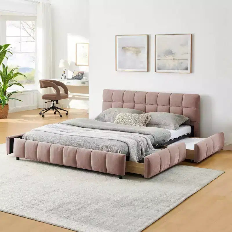 MAYEERTY Queen Size Upholstered Bed with Headboard Chenille Fabric Solid Bed Frame Drawer for Bedroom Pink