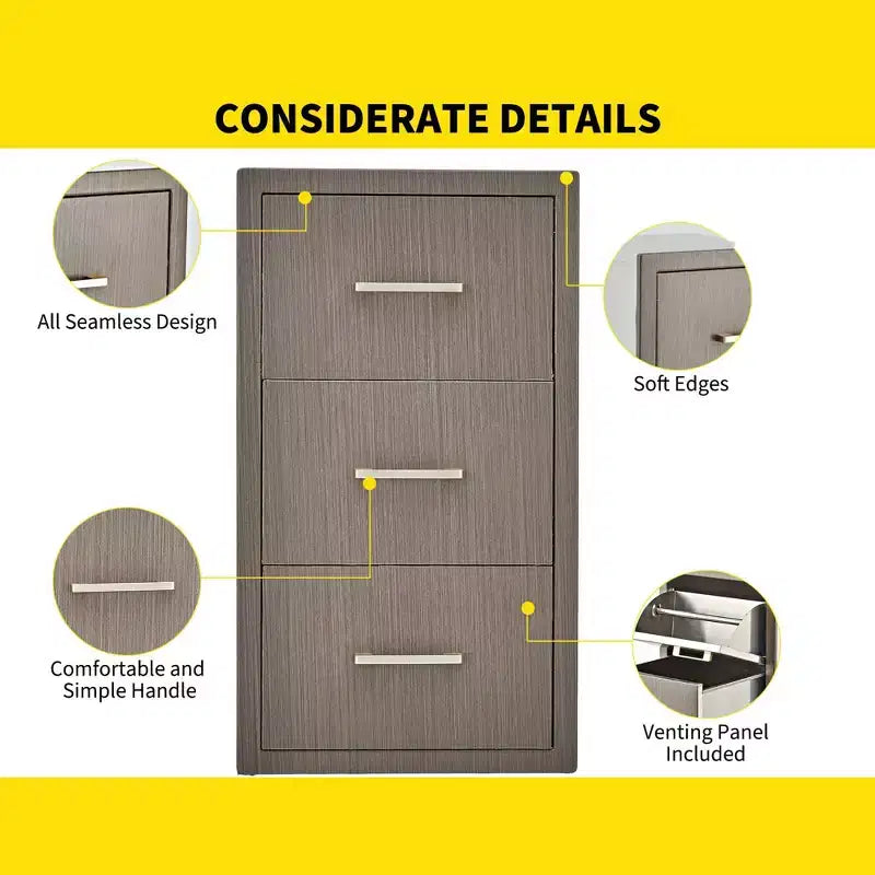 Outdoor Kitchen Drawers 17 W x 30 H x 21 D, Flush Mount Triple BBQ Drawers with Stainless Steel Handle, Paper Towel Holder Combo for BBQ Island