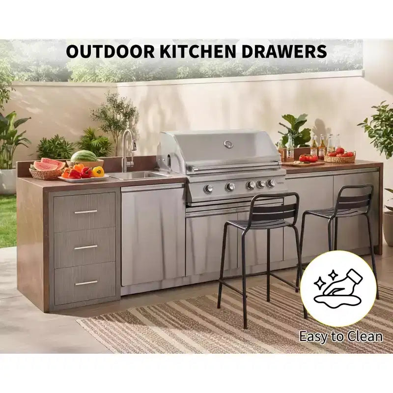 Outdoor Kitchen Drawers 17 W x 30 H x 21 D, Flush Mount Triple BBQ Drawers with Stainless Steel Handle, Paper Towel Holder Combo for BBQ Island