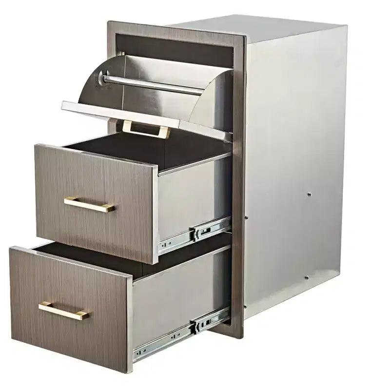 Outdoor Kitchen Drawers 17 W x 30 H x 21 D, Flush Mount Triple BBQ Drawers with Stainless Steel Handle, Paper Towel Holder Combo for BBQ Island