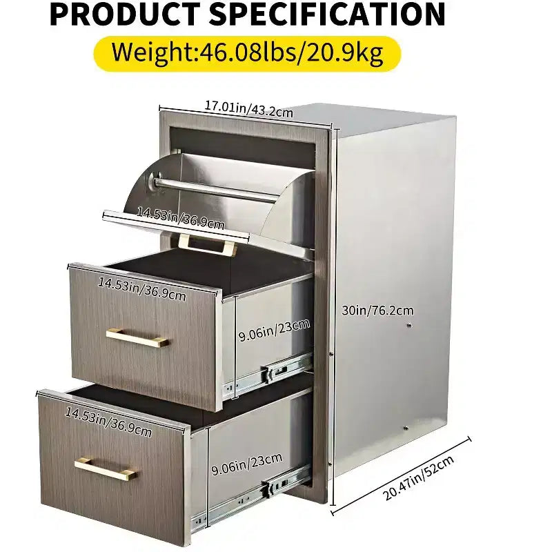 Outdoor Kitchen Drawers 17 W x 30 H x 21 D, Flush Mount Triple BBQ Drawers with Stainless Steel Handle, Paper Towel Holder Combo for BBQ Island