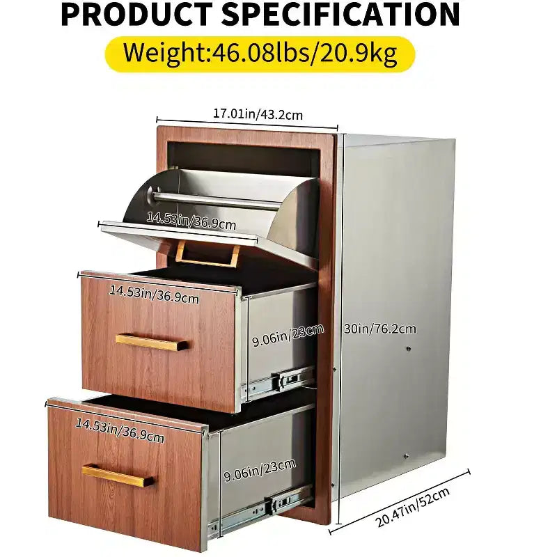 Outdoor Kitchen Drawers 17 W x 30 H x 21 D, Flush Mount Triple BBQ Drawers with Stainless Steel Handle, Paper Towel Holder Combo for BBQ Island