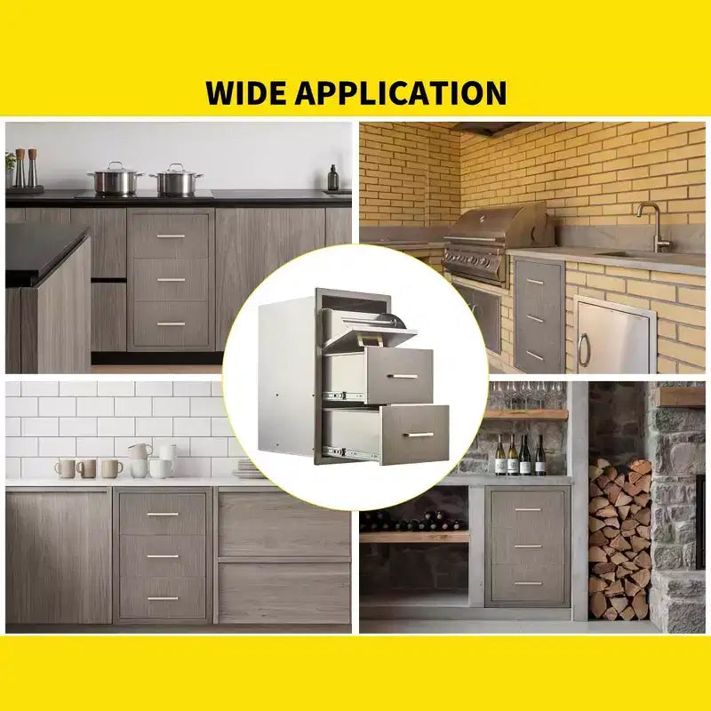 Outdoor Kitchen Drawers 17 W x 30 H x 21 D, Flush Mount Triple BBQ Drawers with Stainless Steel Handle, Paper Towel Holder Combo for BBQ Island
