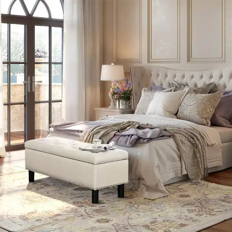 Furniliving Tufted Linen Upholstered Rectangular High Capacity Storage Bench with Button Tufting for Bedroom/Entryway/Hallway