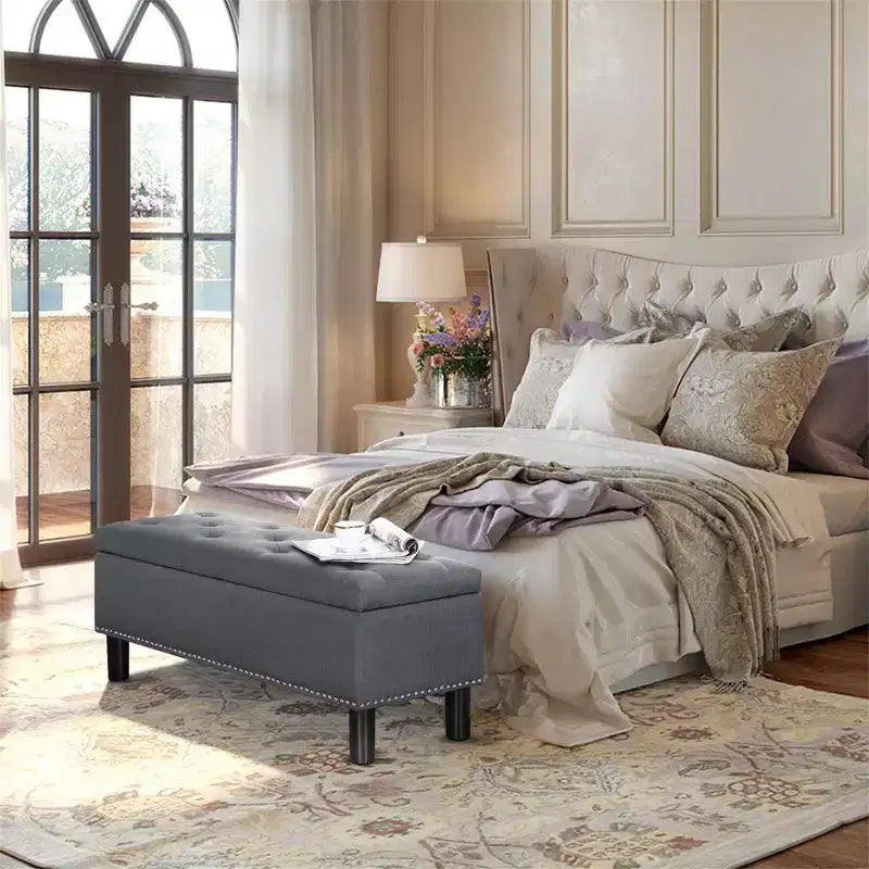 Furniliving Tufted Linen Upholstered Rectangular High Capacity Storage Bench with Button Tufting for Bedroom/Entryway/Hallway