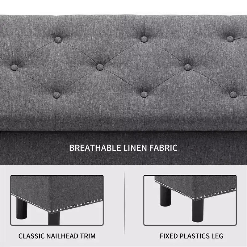 Furniliving Tufted Linen Upholstered Rectangular High Capacity Storage Bench with Button Tufting for Bedroom/Entryway/Hallway