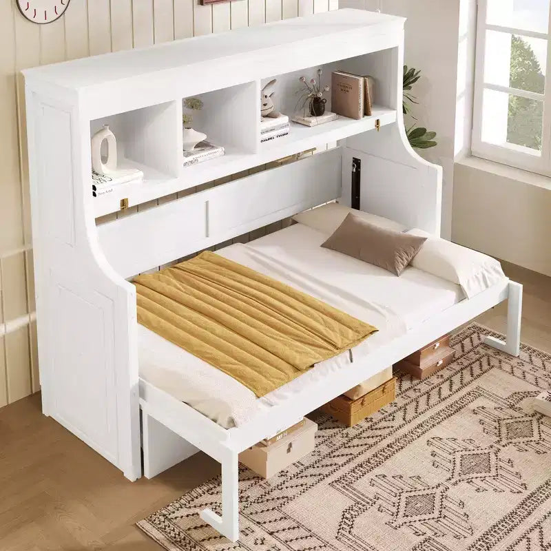Whisen Elegant Twin Size Murphy Bed with Desk and Storage Shelves