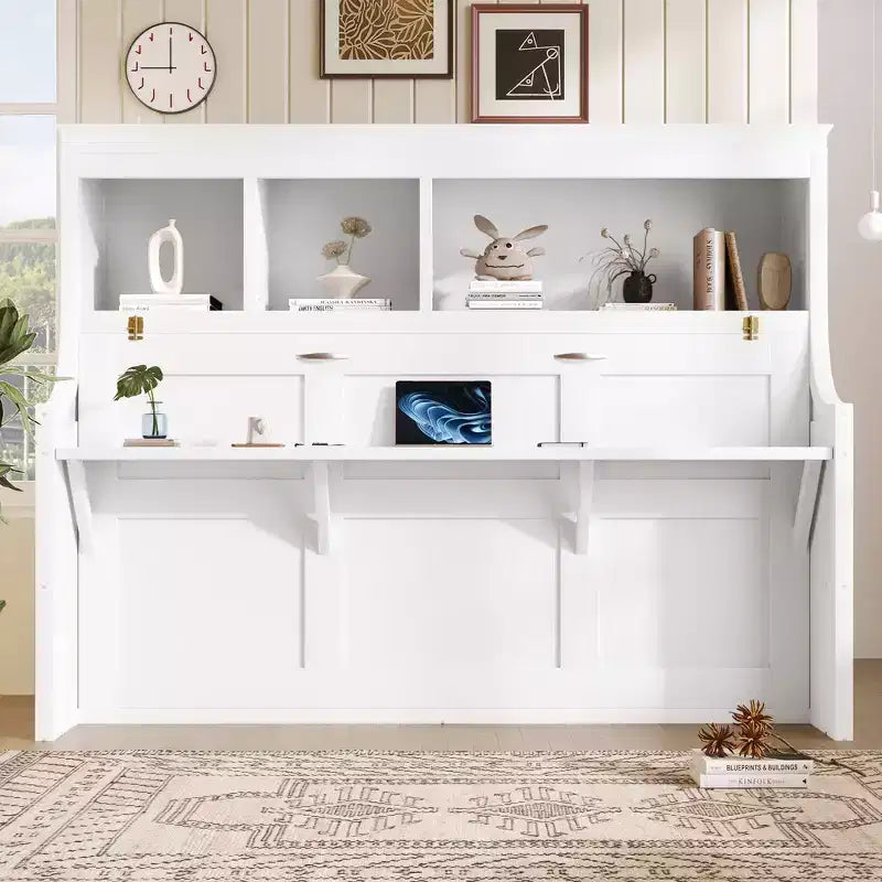 Whisen Elegant Twin Size Murphy Bed with Desk and Storage Shelves
