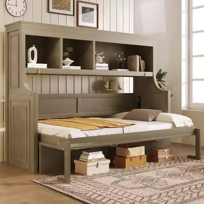Whisen Elegant Twin Size Murphy Bed with Desk and Storage Shelves