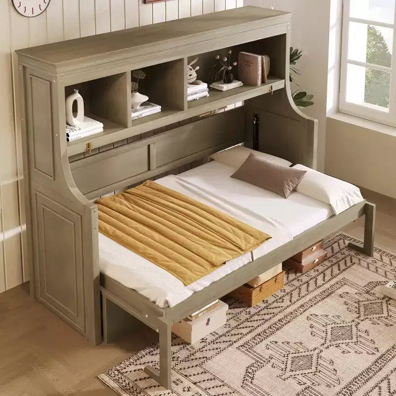 Whisen Elegant Twin Size Murphy Bed with Desk and Storage Shelves