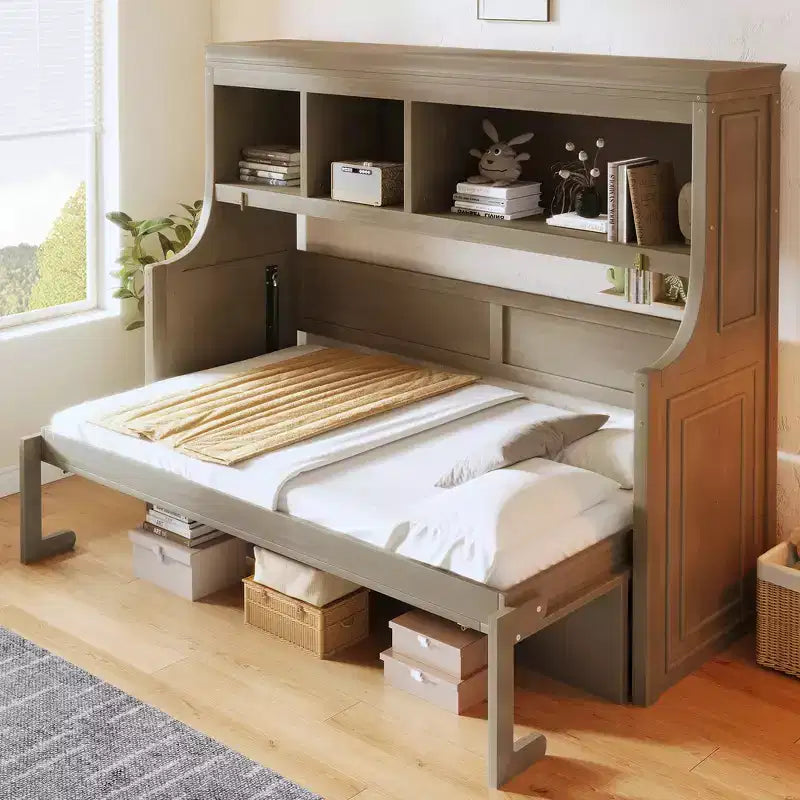 Whisen Elegant Twin Size Murphy Bed with Desk and Storage Shelves