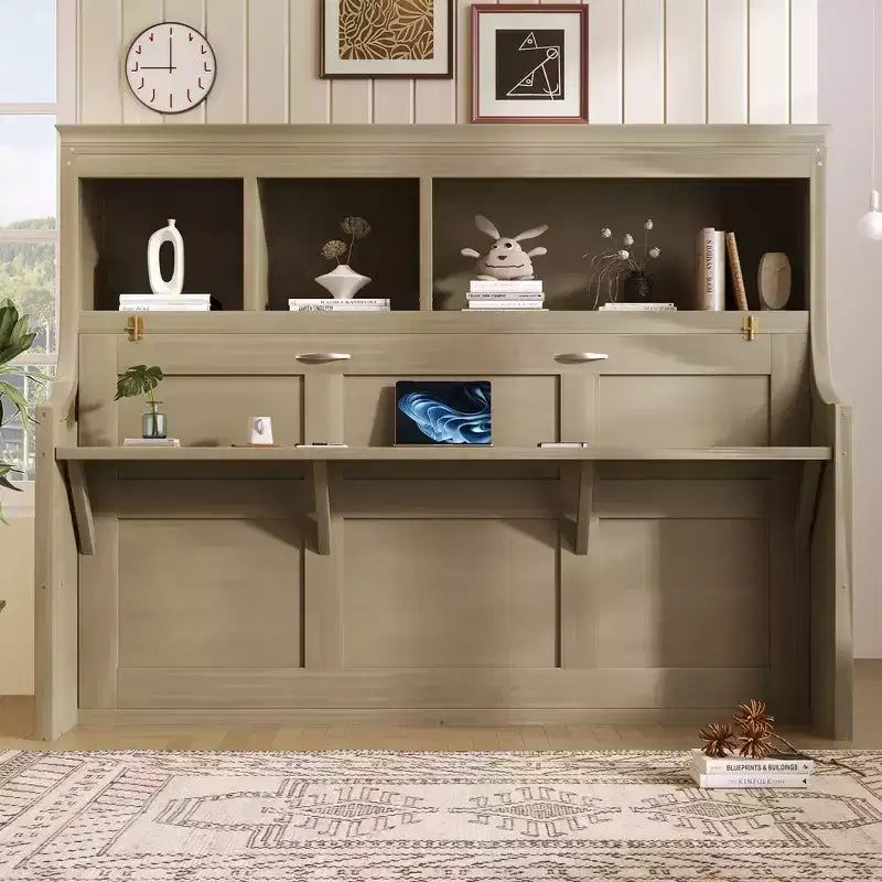 Whisen Elegant Twin Size Murphy Bed with Desk and Storage Shelves