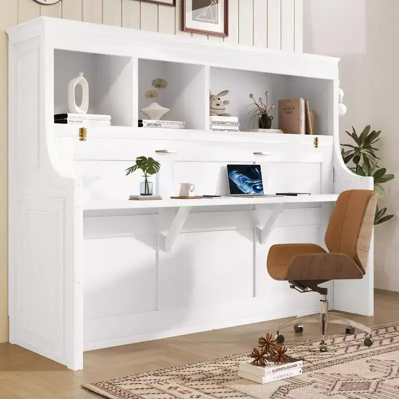 Whisen Elegant Twin Size Murphy Bed with Desk and Storage Shelves
