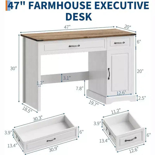 47in Farmhouse Executive Desk for Bedroom, Living Room, Rustic Workstation Computer Desk with Drawers and Storage Cabinet for Work and Study, White