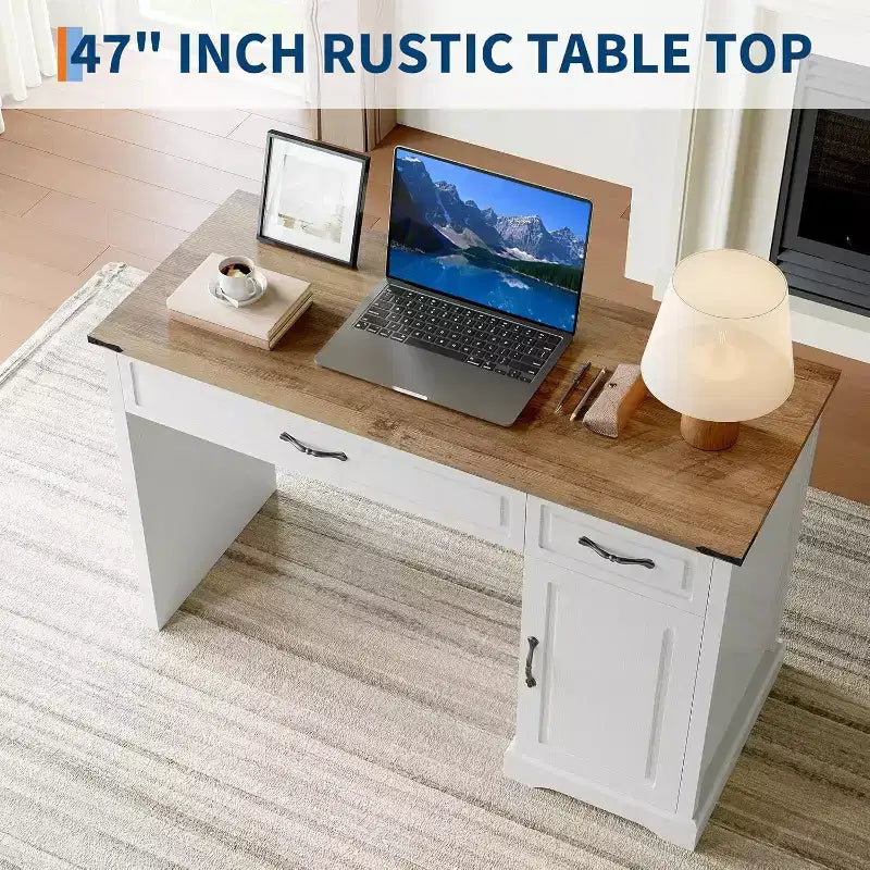 47in Farmhouse Executive Desk for Bedroom, Living Room, Rustic Workstation Computer Desk with Drawers and Storage Cabinet for Work and Study, White