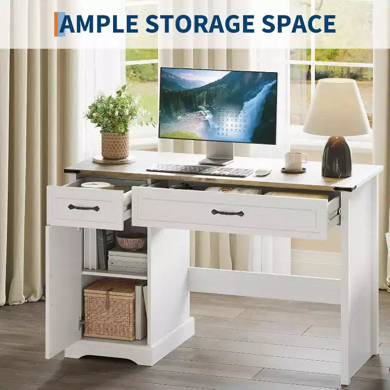47in Farmhouse Executive Desk for Bedroom, Living Room, Rustic Workstation Computer Desk with Drawers and Storage Cabinet for Work and Study, White