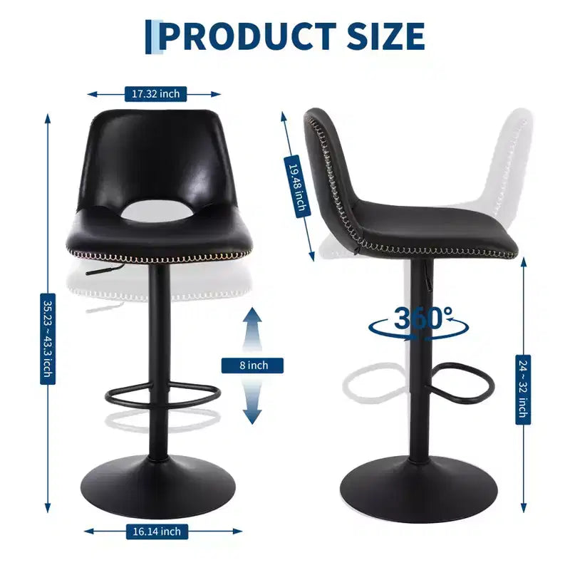 Set of 2 Modern Adjustable Swivel Bar Stools with Backrest, Faux Leather Counter Chairs for Kitchen Island, Dining Room or Living Area