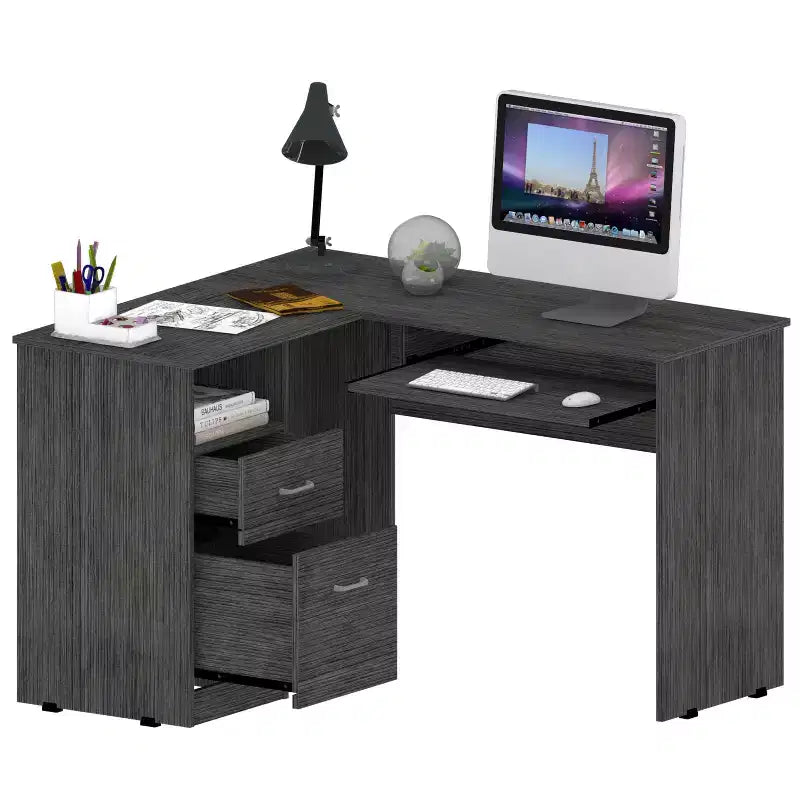 TUYOHW Scrivania ad angolo a L, Scrivania per computer con due cassetti e vano per CPU, Ripiano per tastiera, Scaffale aperto, Scrivania da scrittura per ufficio, camera da letto