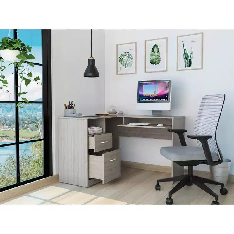 TUYOHW Scrivania ad angolo a L, Scrivania per computer con due cassetti e vano per CPU, Ripiano per tastiera, Scaffale aperto, Scrivania da scrittura per ufficio, camera da letto