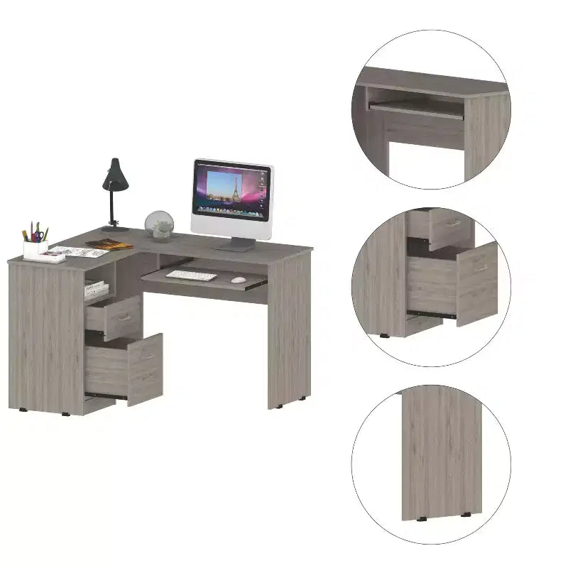 TUYOHW Scrivania ad angolo a L, Scrivania per computer con due cassetti e vano per CPU, Ripiano per tastiera, Scaffale aperto, Scrivania da scrittura per ufficio, camera da letto