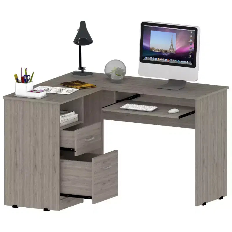 TUYOHW Scrivania ad angolo a L, Scrivania per computer con due cassetti e vano per CPU, Ripiano per tastiera, Scaffale aperto, Scrivania da scrittura per ufficio, camera da letto
