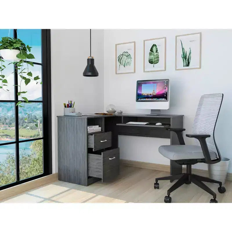TUYOHW Scrivania ad angolo a L, Scrivania per computer con due cassetti e vano per CPU, Ripiano per tastiera, Scaffale aperto, Scrivania da scrittura per ufficio, camera da letto