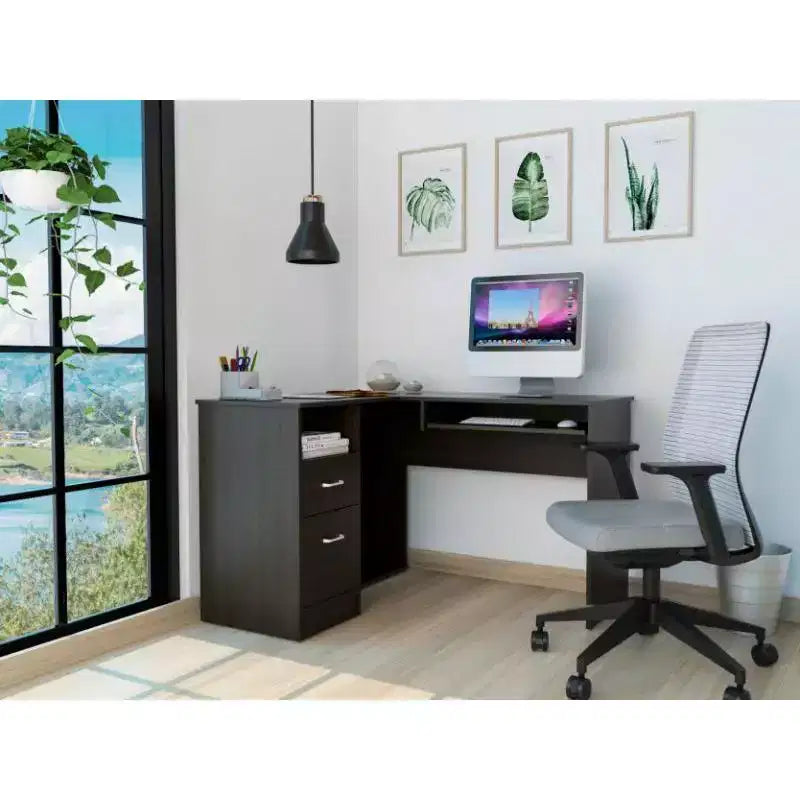 TUYOHW Scrivania ad angolo a L, Scrivania per computer con due cassetti e vano per CPU, Ripiano per tastiera, Scaffale aperto, Scrivania da scrittura per ufficio, camera da letto