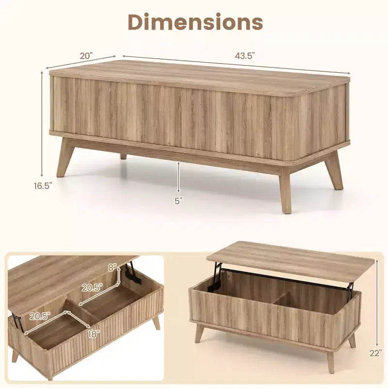 Costway 43.5'' Fluted Lift Top Coffee Table w/Lift Tabletop Hidden Compartments for Home