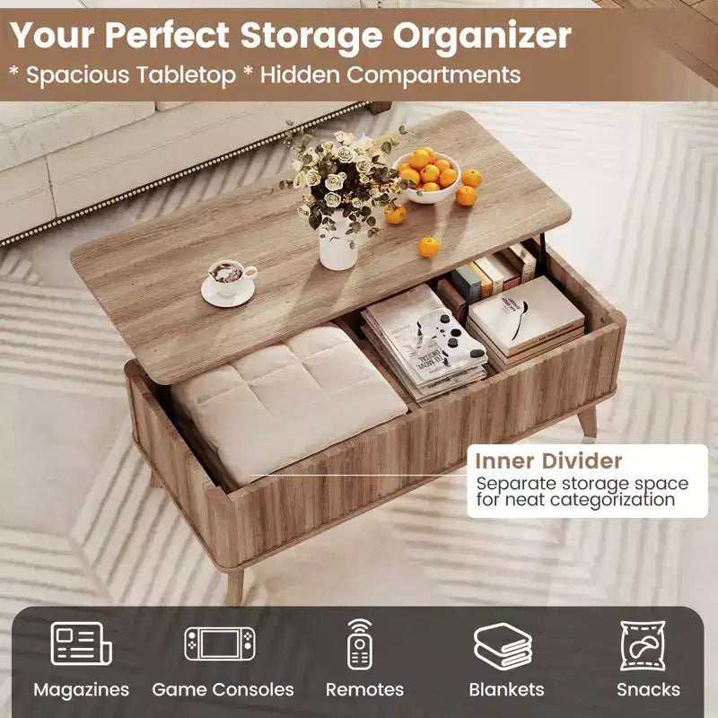Costway 43.5'' Fluted Lift Top Coffee Table w/Lift Tabletop Hidden Compartments for Home