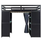 Letto a Soppalco da Gioco Full Size con Scrivania e Luci RGB, Struttura Letto a Soppalco in Legno Full con Armadio, Mensole e Tende Oscuranti