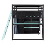 Letto a Soppalco da Gioco Full Size con Scrivania e Luci RGB, Struttura Letto a Soppalco in Legno Full con Armadio, Mensole e Tende Oscuranti