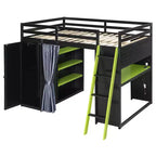 Letto a Soppalco da Gioco Full Size con Scrivania e Luci RGB, Struttura Letto a Soppalco in Legno Full con Armadio, Mensole e Tende Oscuranti