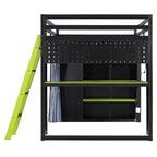Letto a Soppalco da Gioco Full Size con Scrivania e Luci RGB, Struttura Letto a Soppalco in Legno Full con Armadio, Mensole e Tende Oscuranti